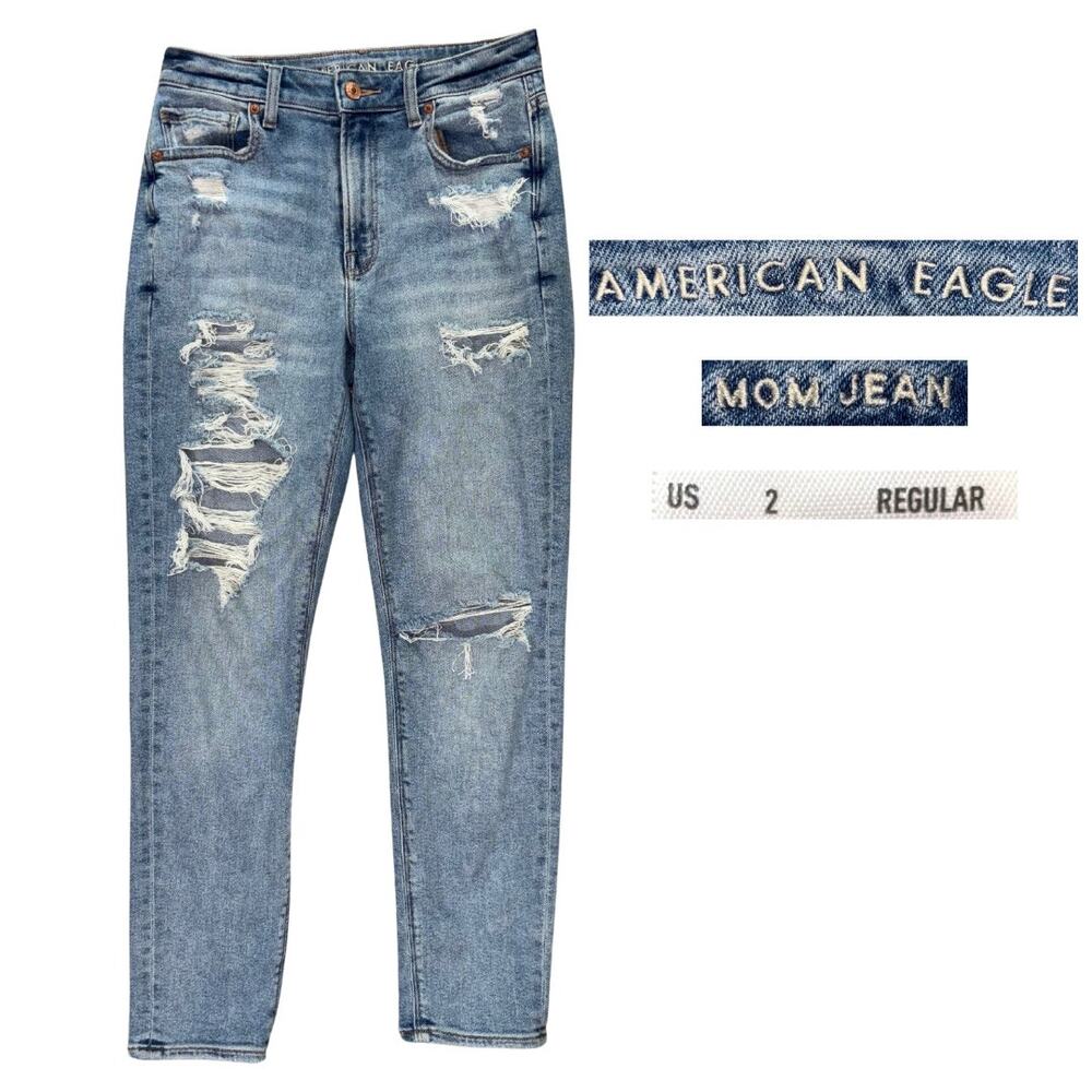 American Eagle Mom Jeans Light Wash Distressed Size 2 Regular Straight High Rise